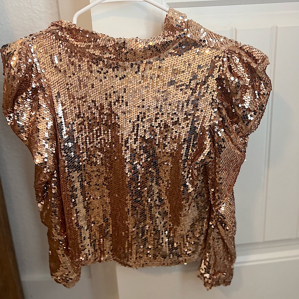 TECE brand, gold sequin, puffy shoulder, top